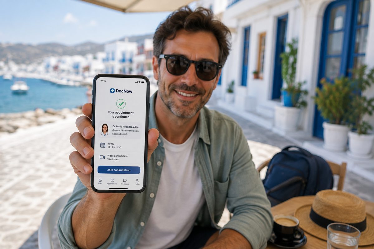 English-speaking doctor in Greece - video consultation on a phone English-speaking doctor in Greece: a patient in a video consultation on a phone