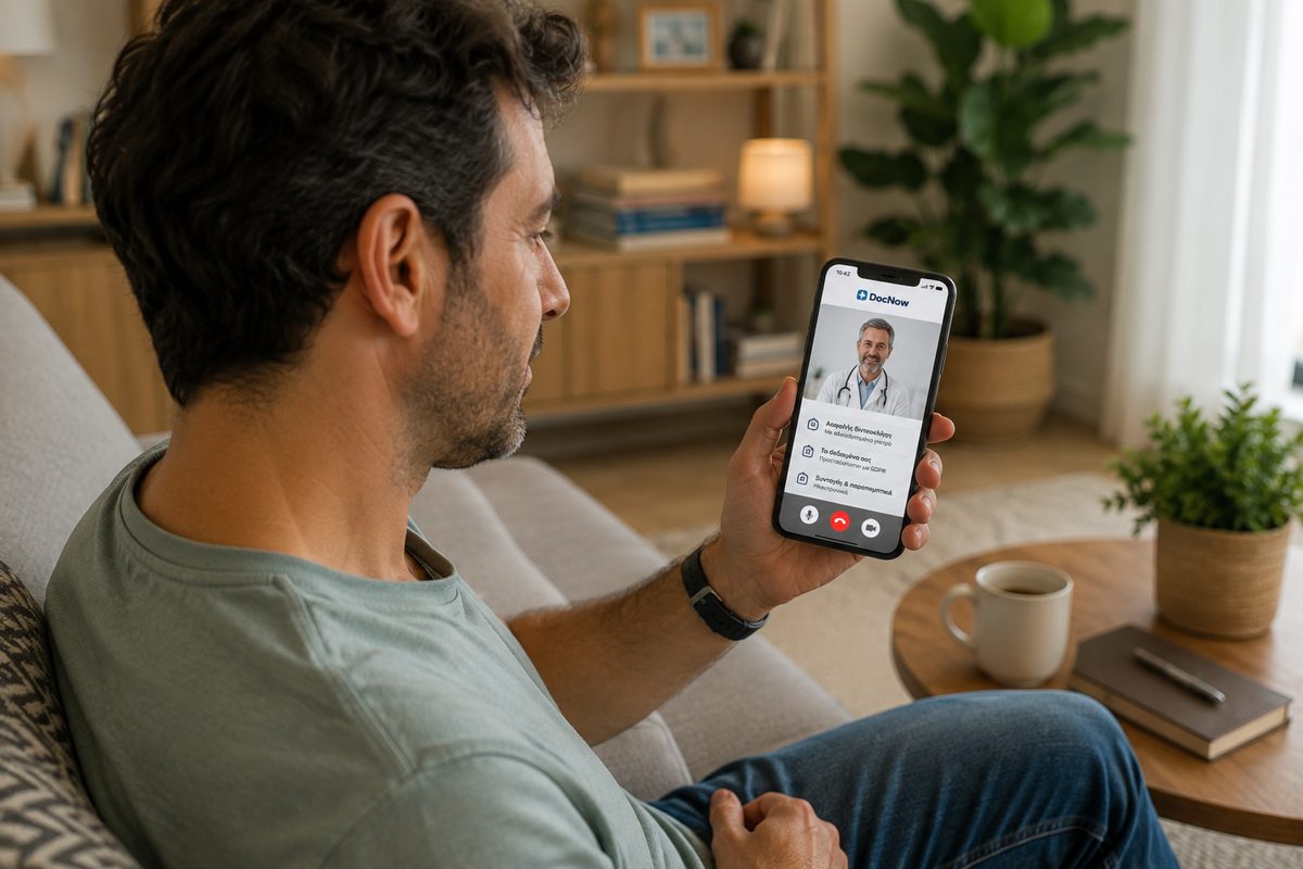 Safe telemedicine in Greece: a patient in a video consultation on a phone